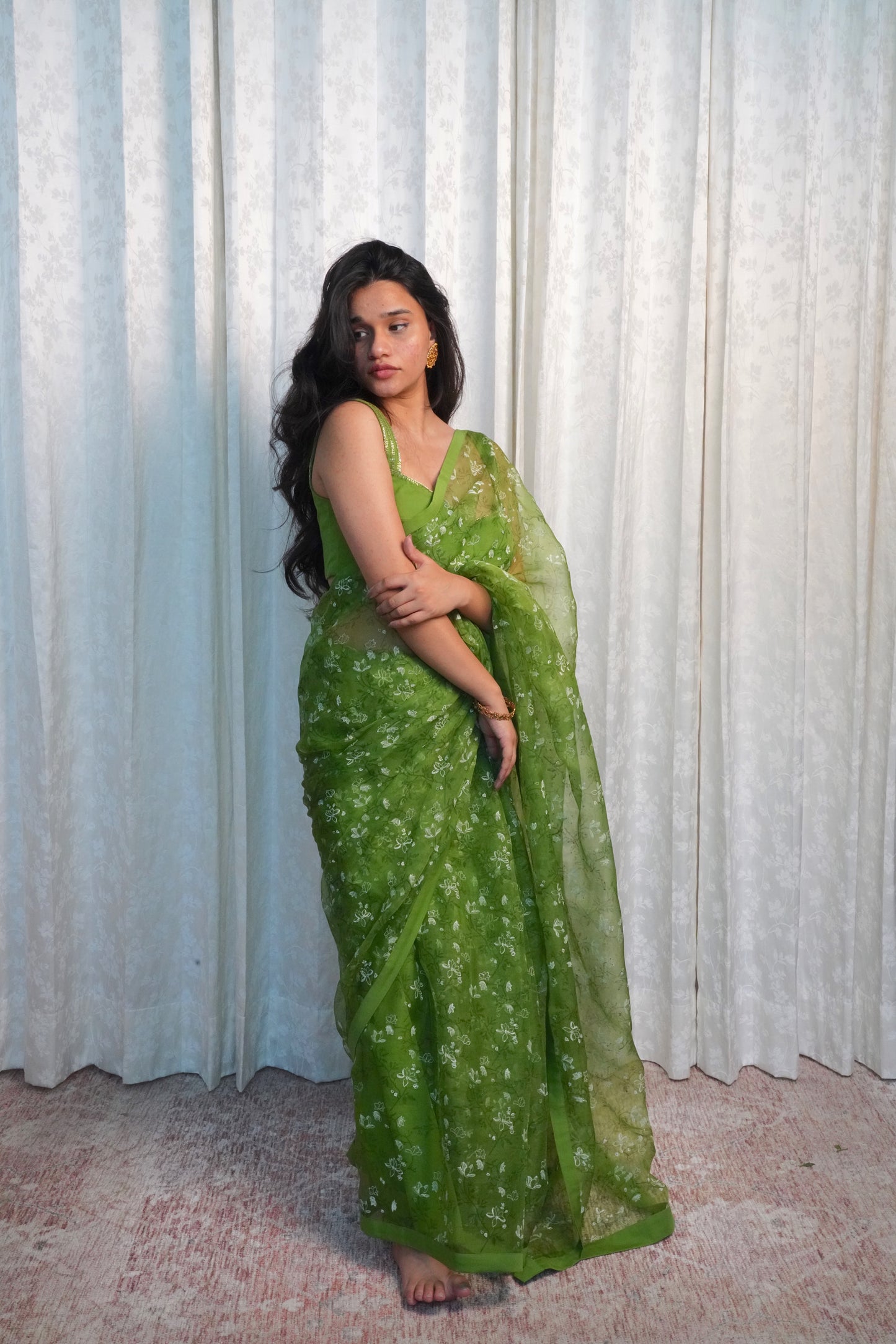 Wild Green Organza Saree- Shola Blossom