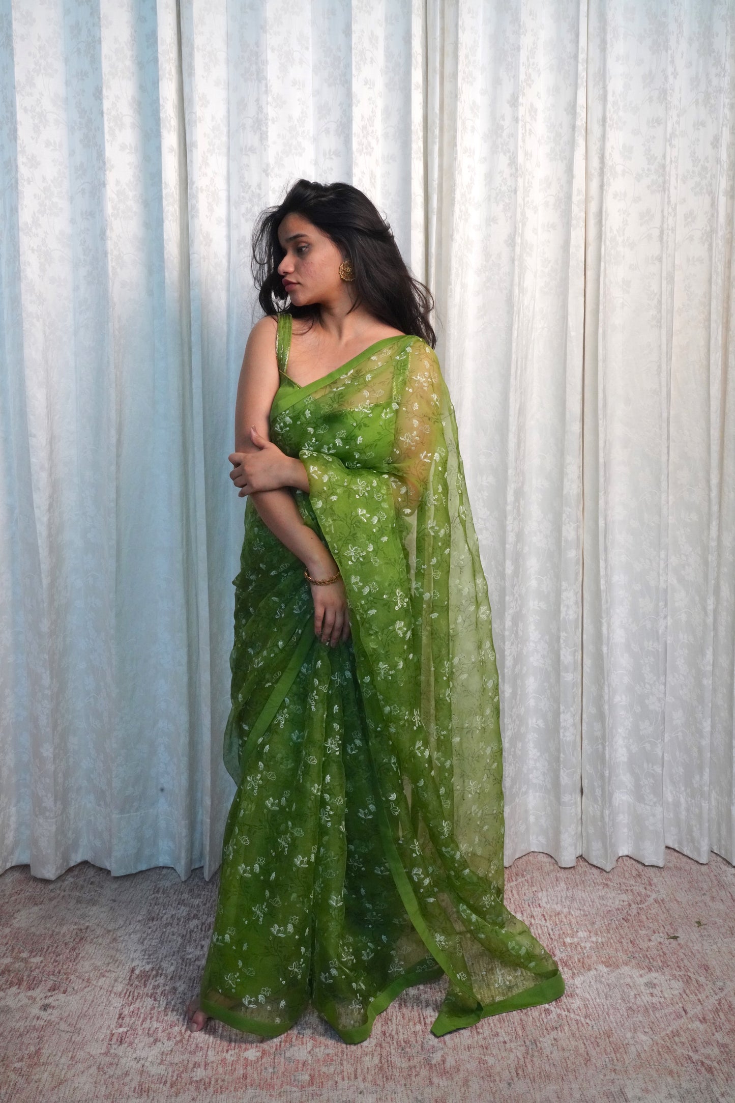 Wild Green Organza Saree- Shola Blossom