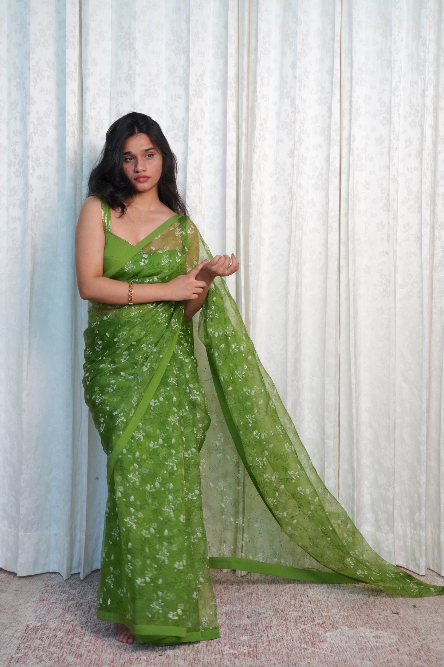 green silk organza saree