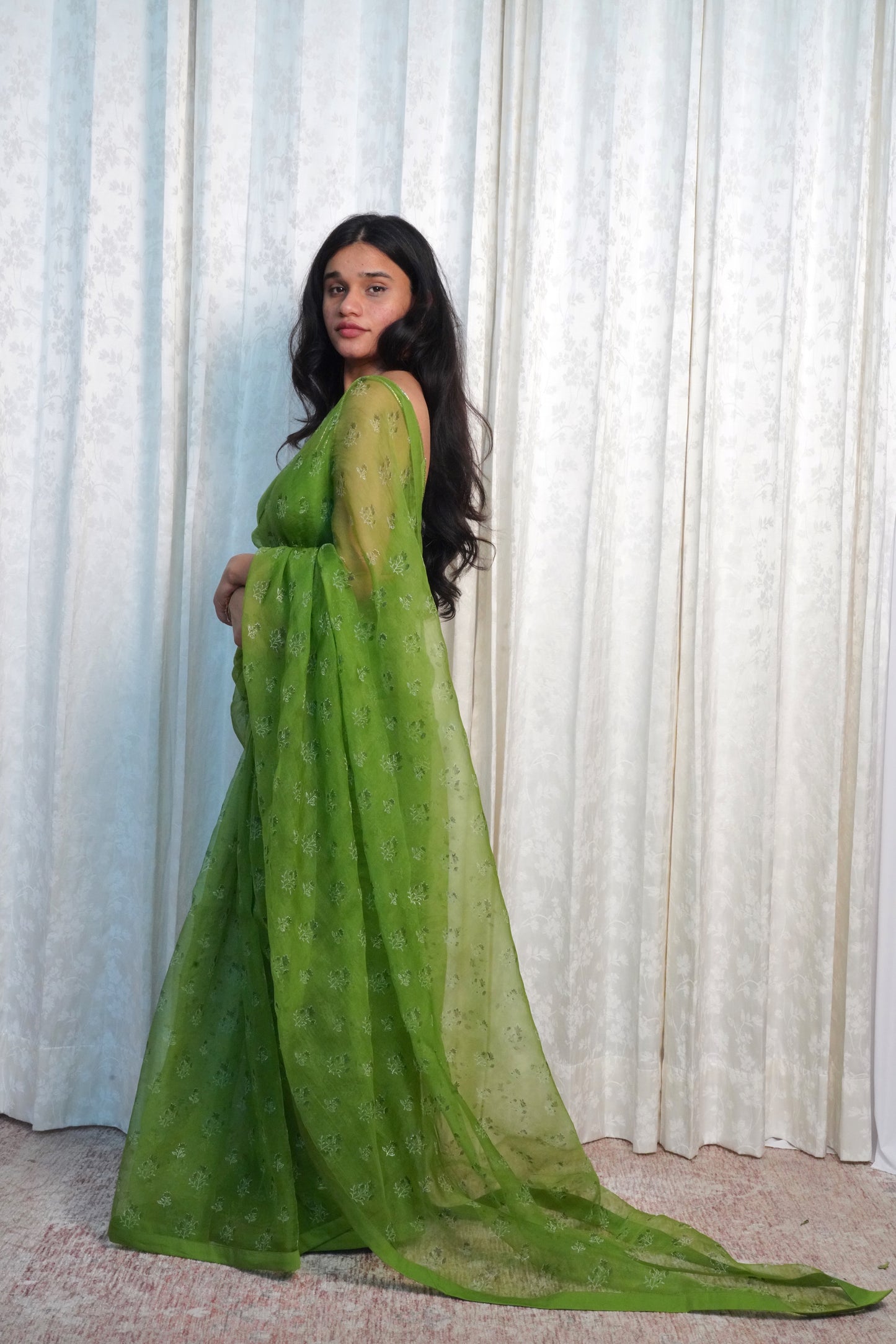 Wild Green Organza Saree- Wildflower Sprig