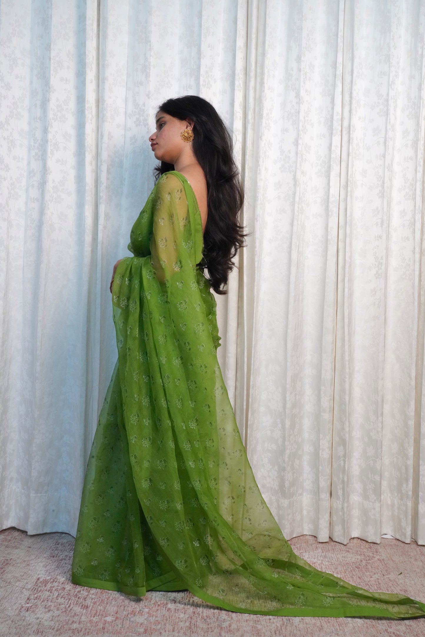 Wild Green Organza Saree- Wildflower Sprig