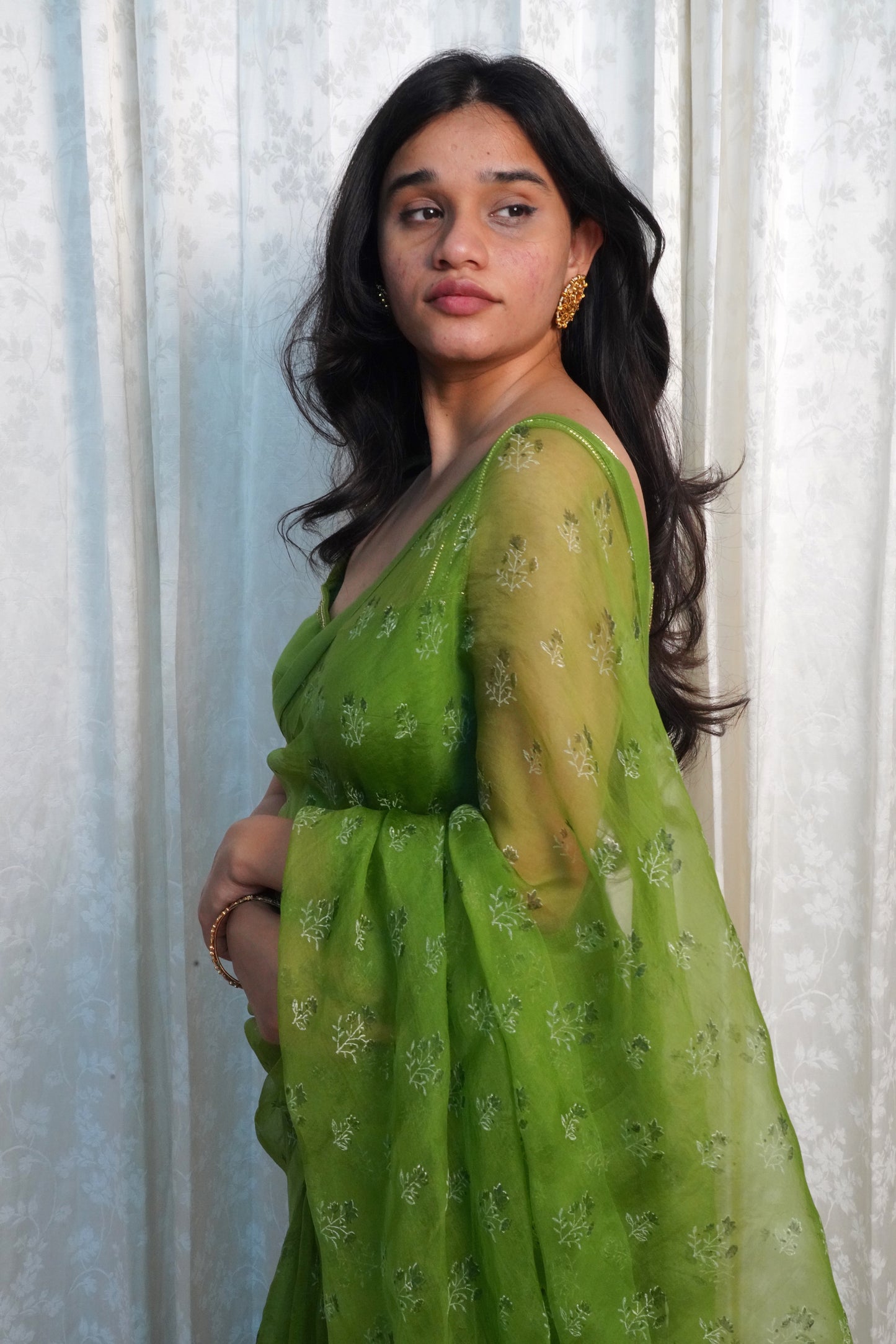 Wild Green Organza Saree- Wildflower Sprig