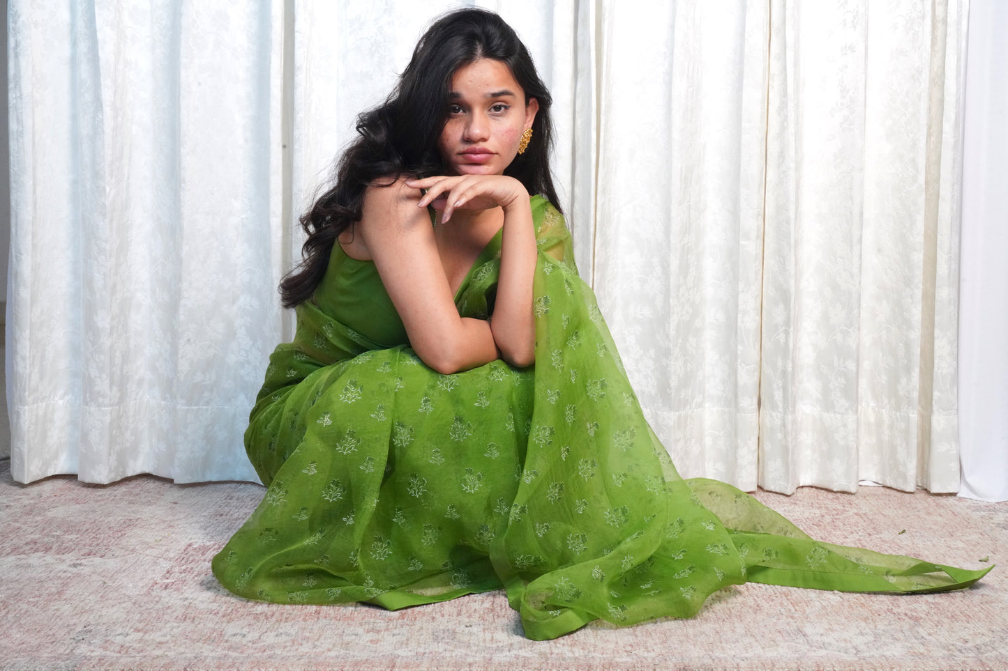 Wild Green Organza Saree- Wildflower Sprig