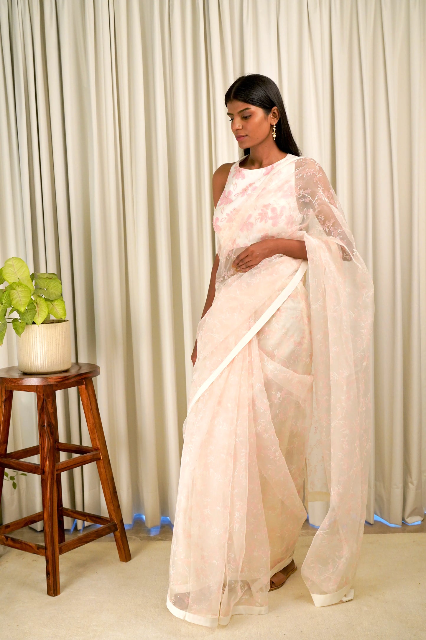 Ivory Cherry Blossom Saree