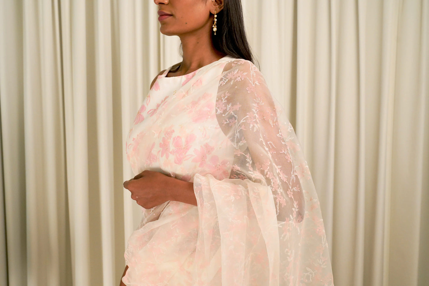 Ivory Cherry Blossom Saree