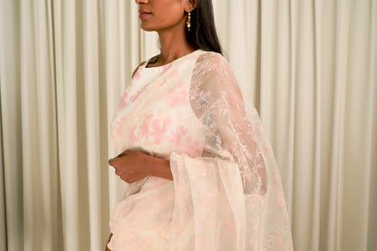 Ivory Cherry Blossom Saree