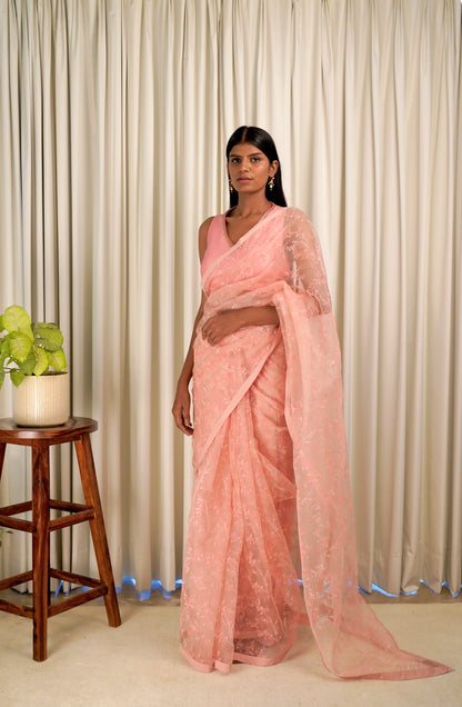 Peach Cherry Blossom Saree