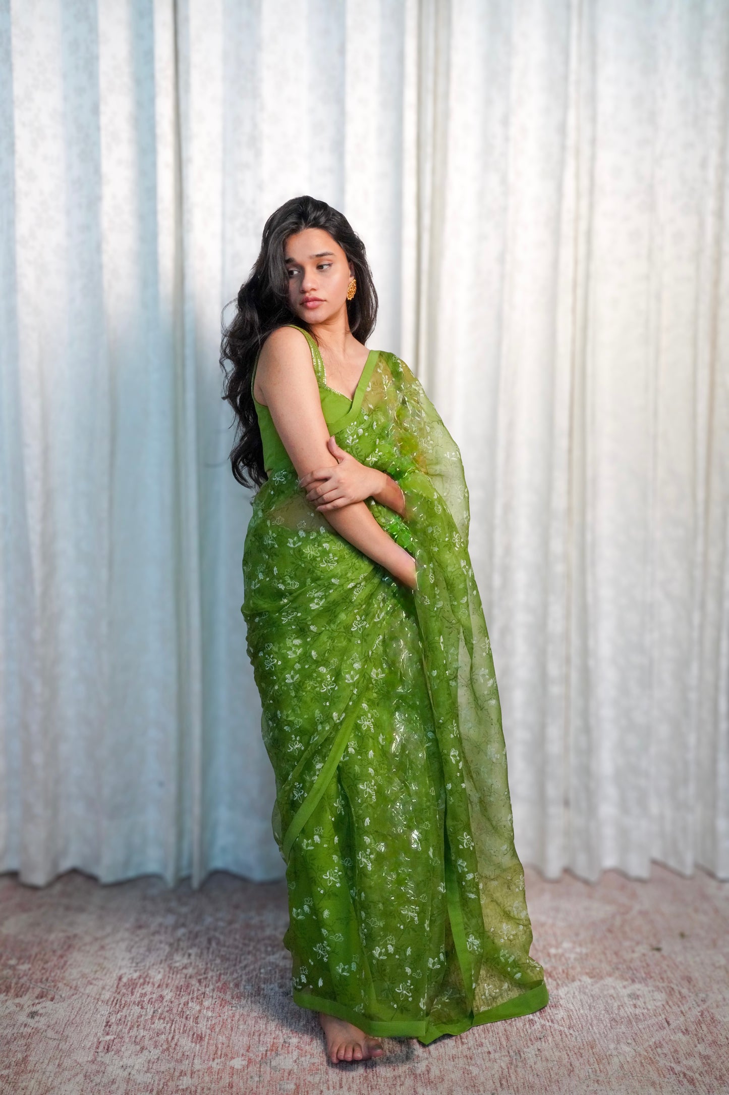 Wild Green Organza Saree- Shola Blossom