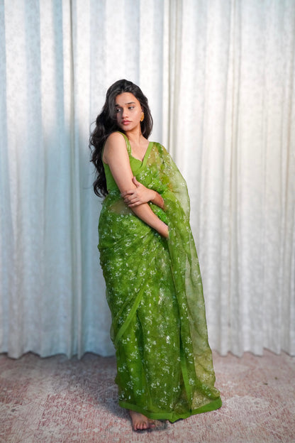 Wild Green Organza Saree- Shola Blossom