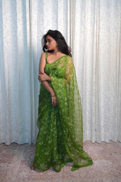 Wild Green Organza Saree- Shola Blossom