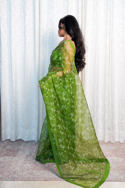 Wild Green Organza Saree- Shola Blossom
