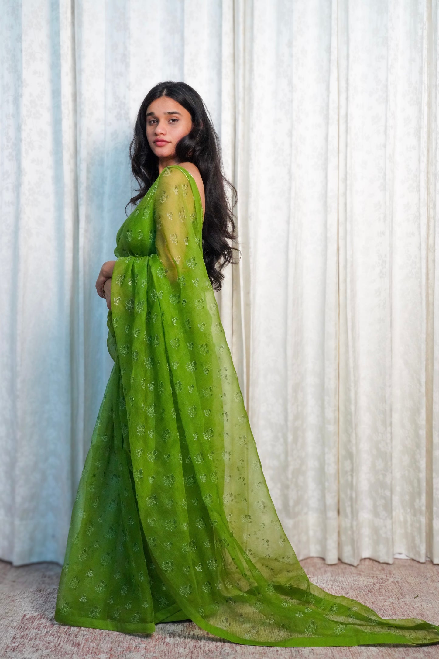 Wild Green Organza Saree- Wildflower Sprig