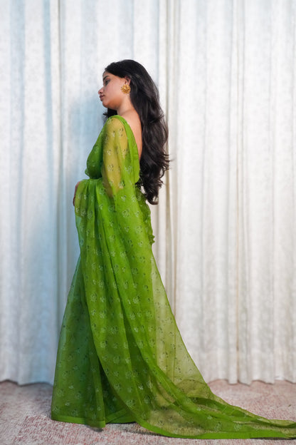 Wild Green Organza Saree- Wildflower Sprig