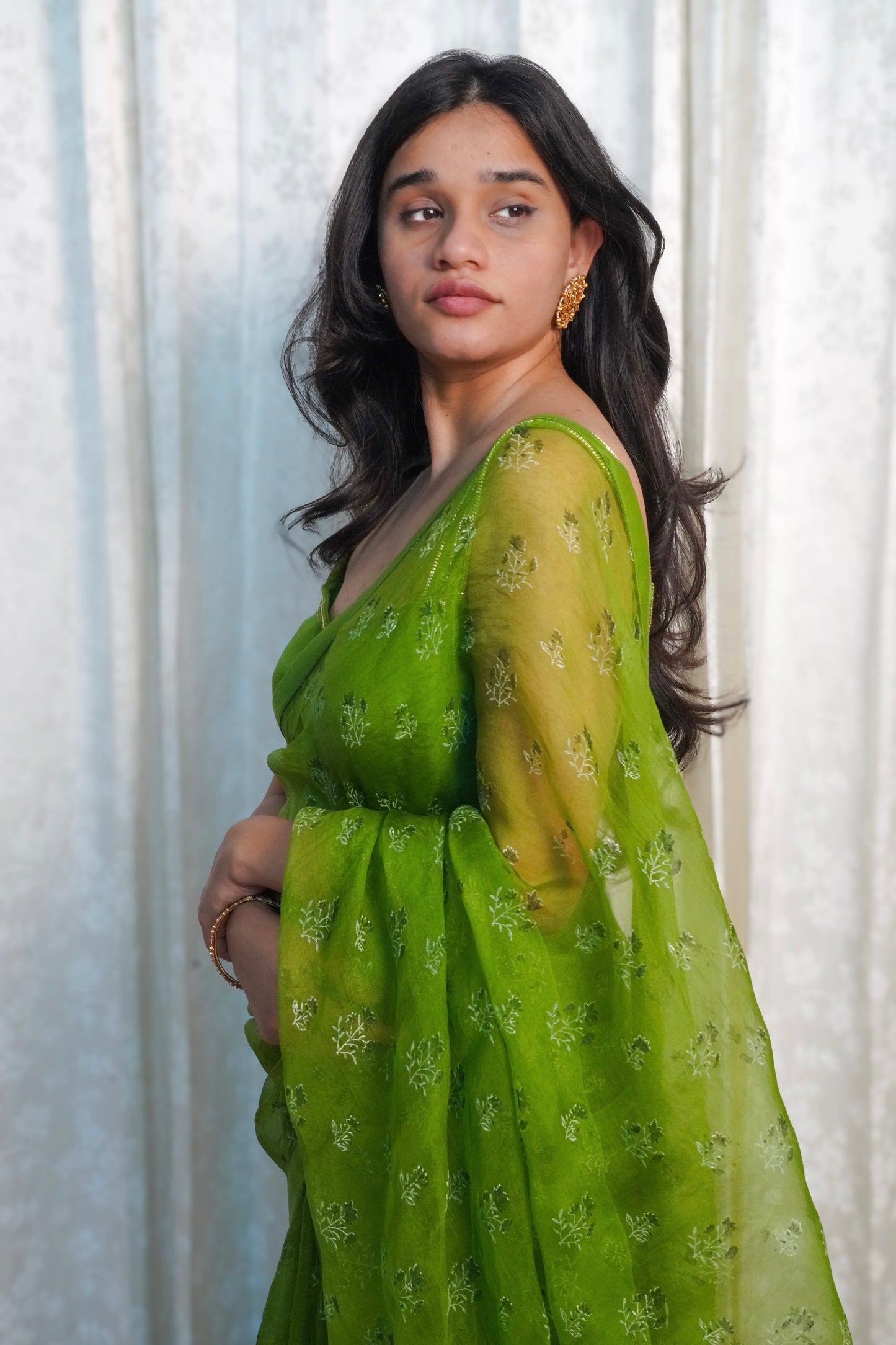 Wild Green Organza Saree- Wildflower Sprig