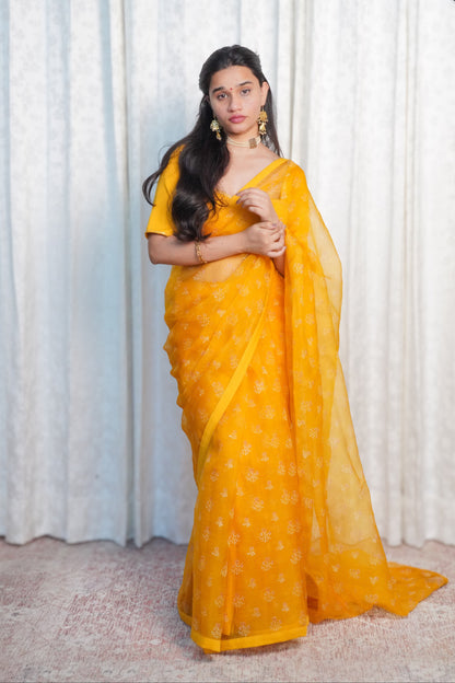 Yellow Wildflower Organza Saree