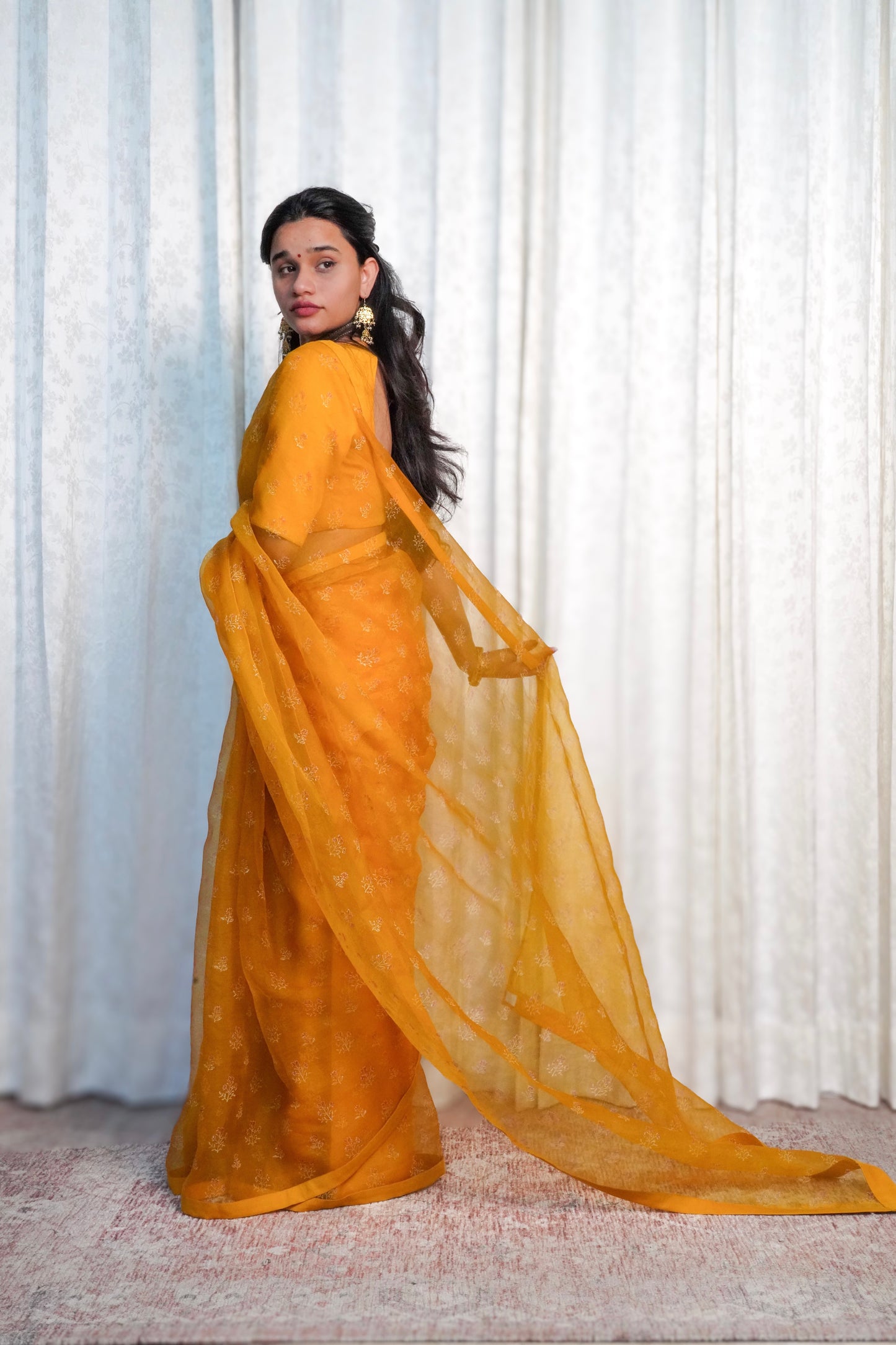 Yellow Wildflower Organza Saree