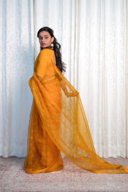 Yellow Wildflower Organza Saree