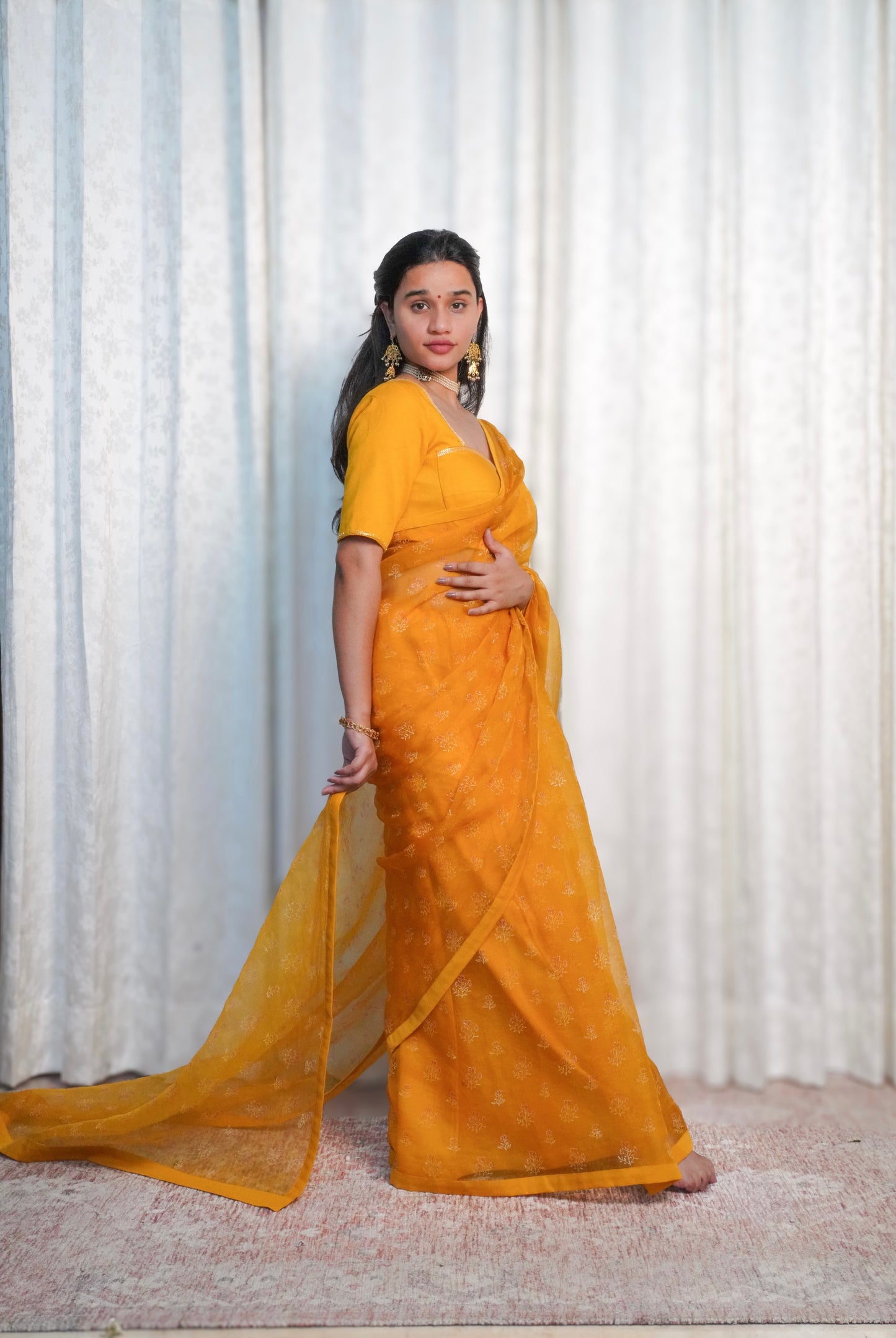 Yellow Wildflower Organza Saree