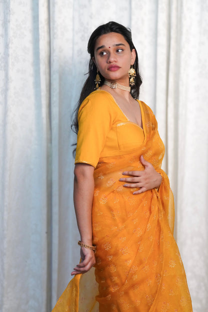 Yellow Wildflower Organza Saree