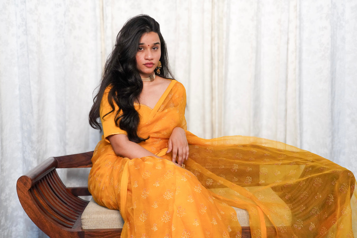 Yellow Wildflower Organza Saree