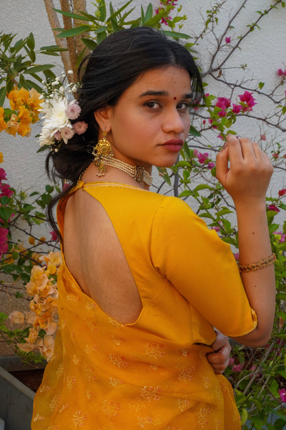 Yellow Wildflower Organza Saree
