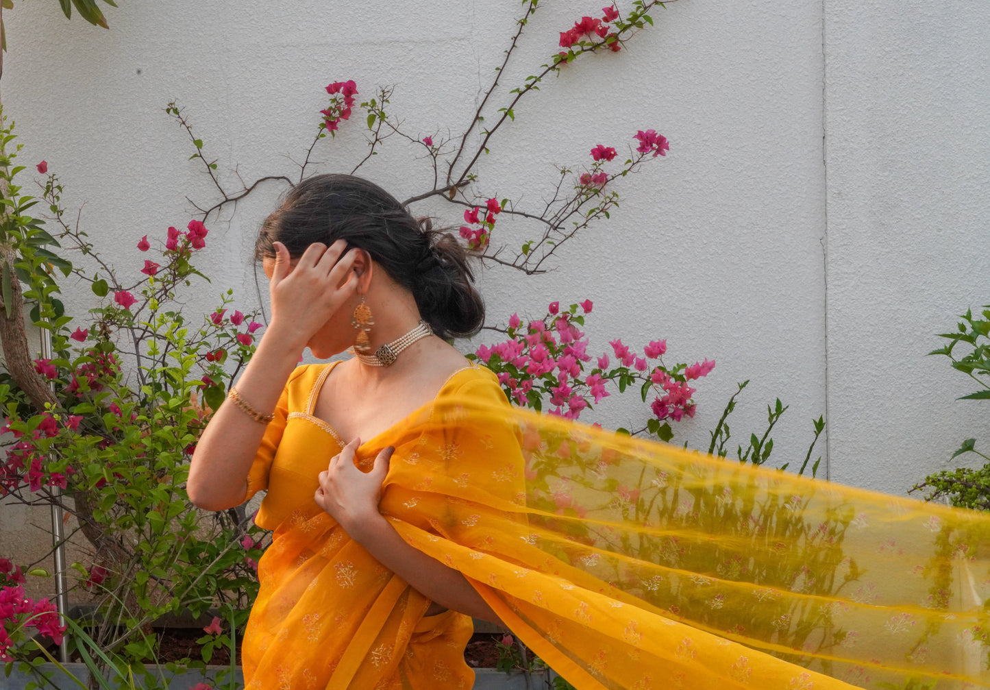 Yellow Wildflower Organza Saree